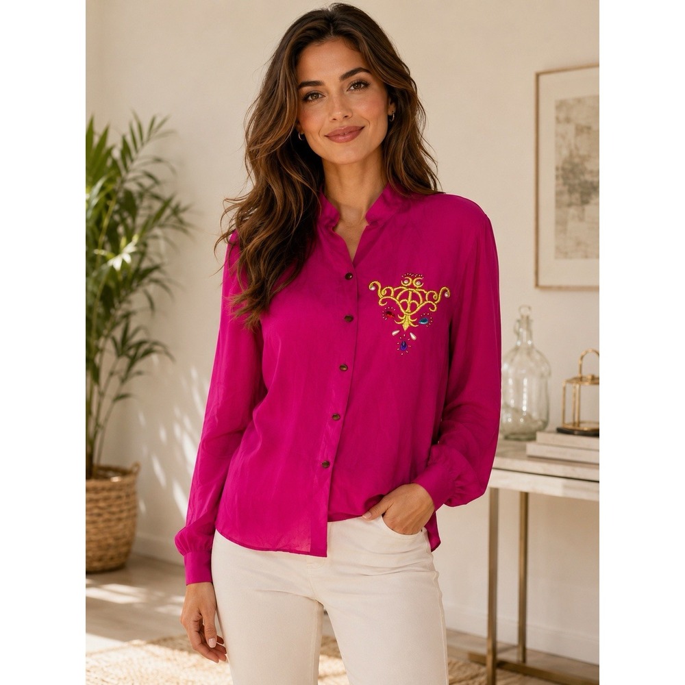 Vintage Adam Douglass Adrianna Papell Silk Blouse Sz 6 Pink Embroidered 90s 3654